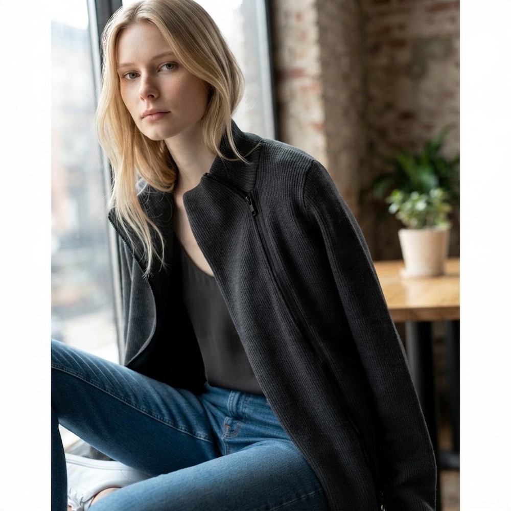 Vince Wool Cashmere Asymmetric Leather Zip Ribbed Cardigan Gray V214875612